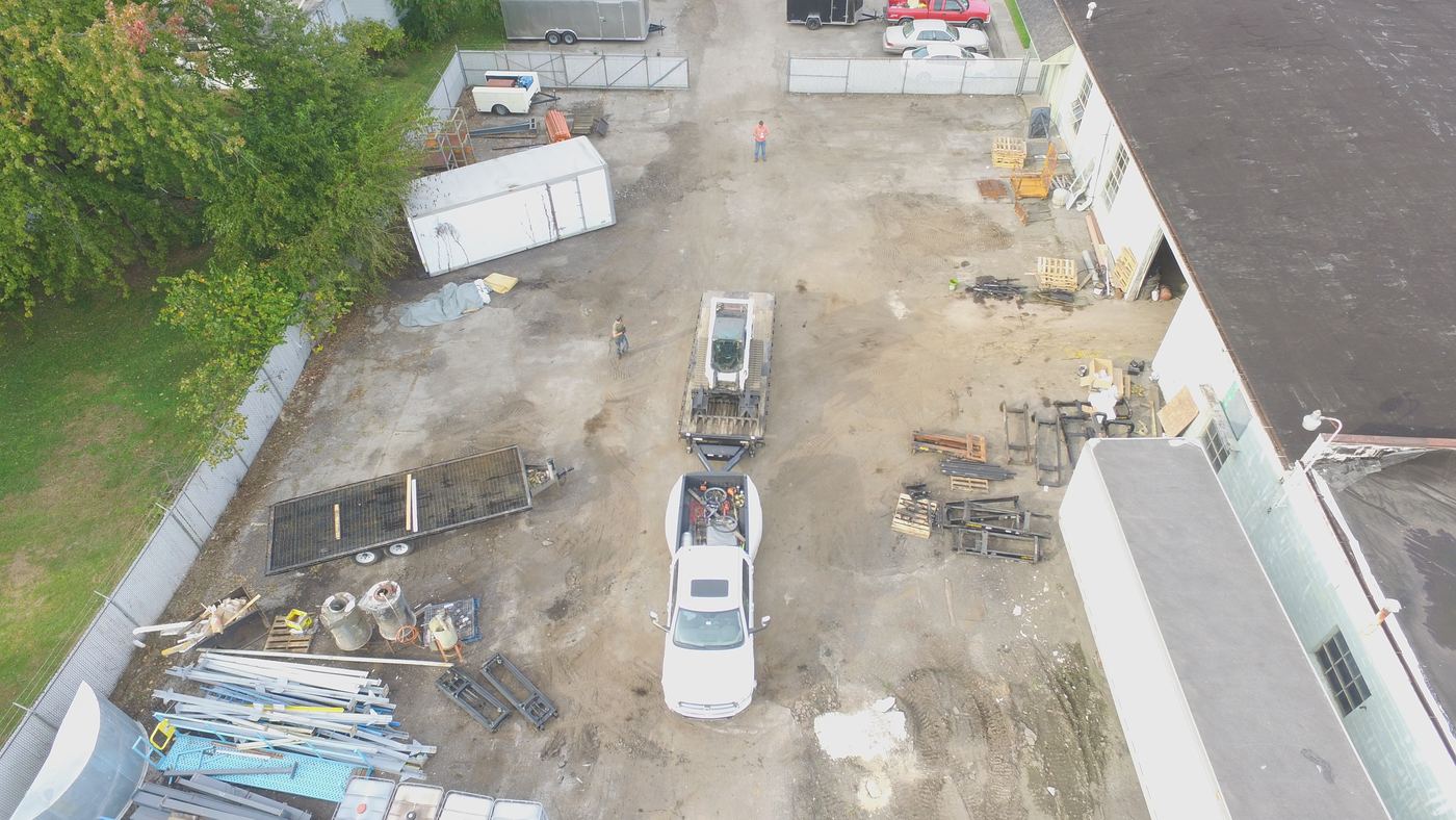 Aerial view of the outdoor storage and parking areas at 405 E Marion Street.
