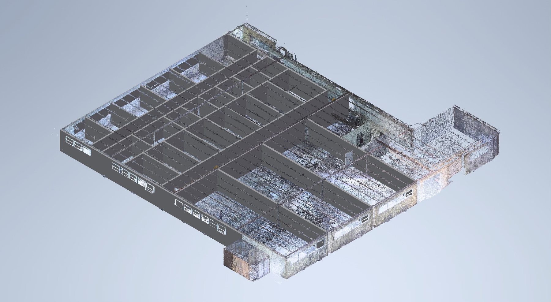 A laser-scanned point cloud of an industrial building viewed from above with the roof removed, showing every interior partition wall, column and opening.