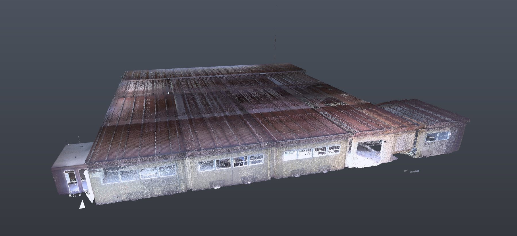 A complete exterior point cloud of an industrial building floating against a dark background, roof and window openings fully captured.